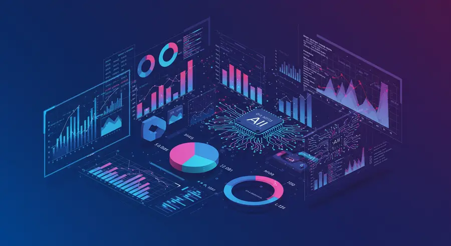 Conceptual image of data analysis with charts and graphs, integrated with AI prompt engineering concepts