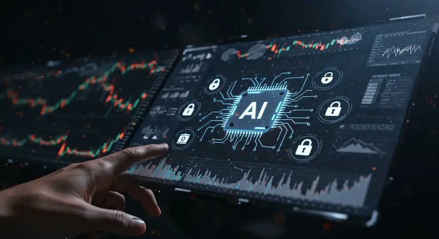 AI analyzing financial data with stock charts in the background, a secure and insightful digital finance concept.